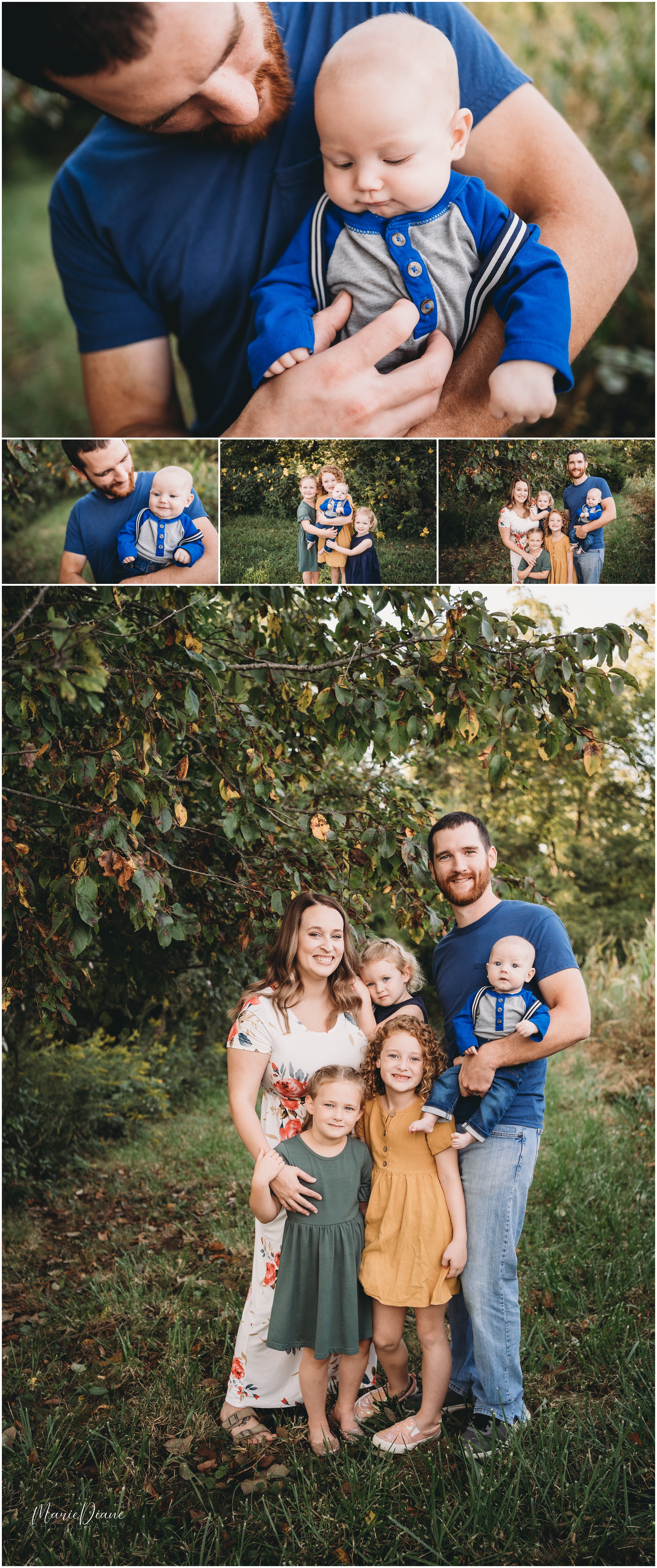Collage of images of the entire family, starting with dad snuggling the youngest, a boy. The end image is the full family grouped next to a large tree with some browning leaves. 