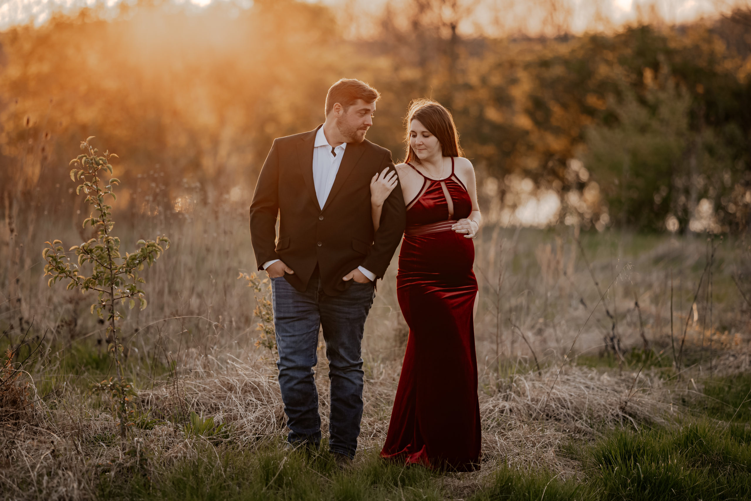 maternity session red velvet dress and suit 