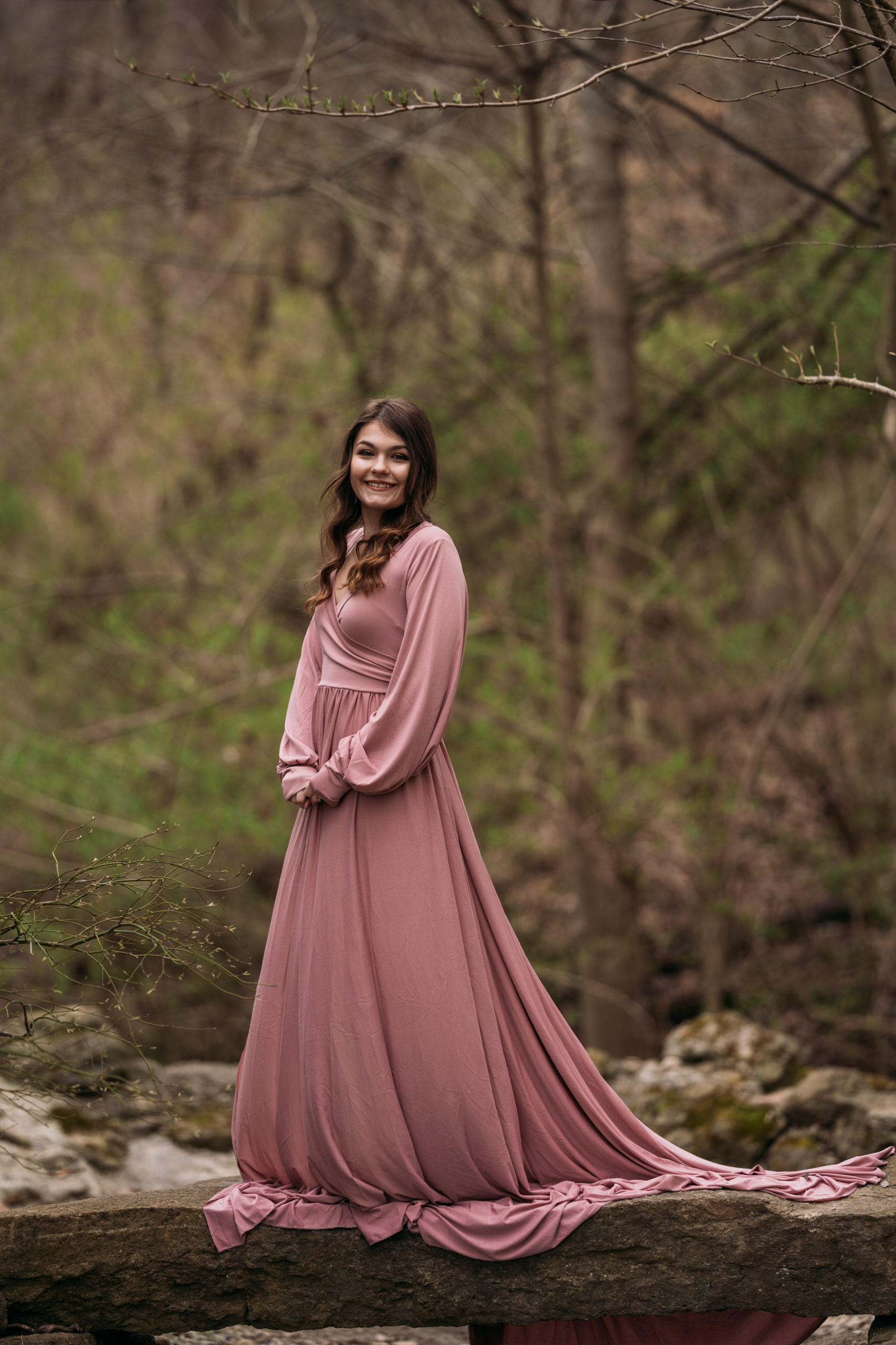 Loveland Castle Senior Session. Flowy dusty rose gown in the woods.