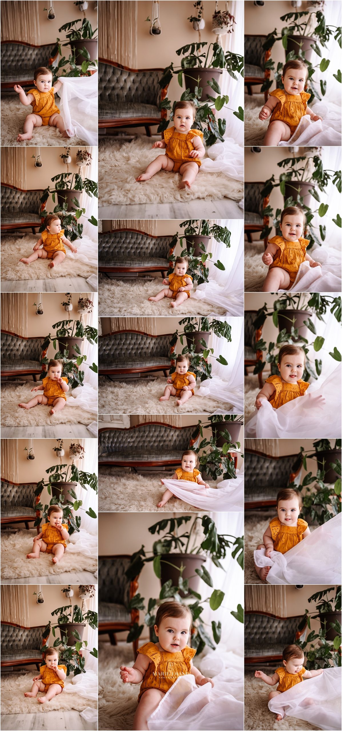 8 month girl sitting on floor in front of couch and plants in neutral colored room 