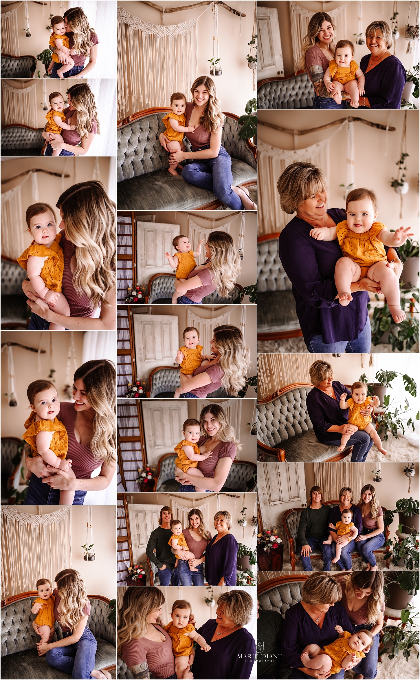 family session in studio with neutral colors and greenery
