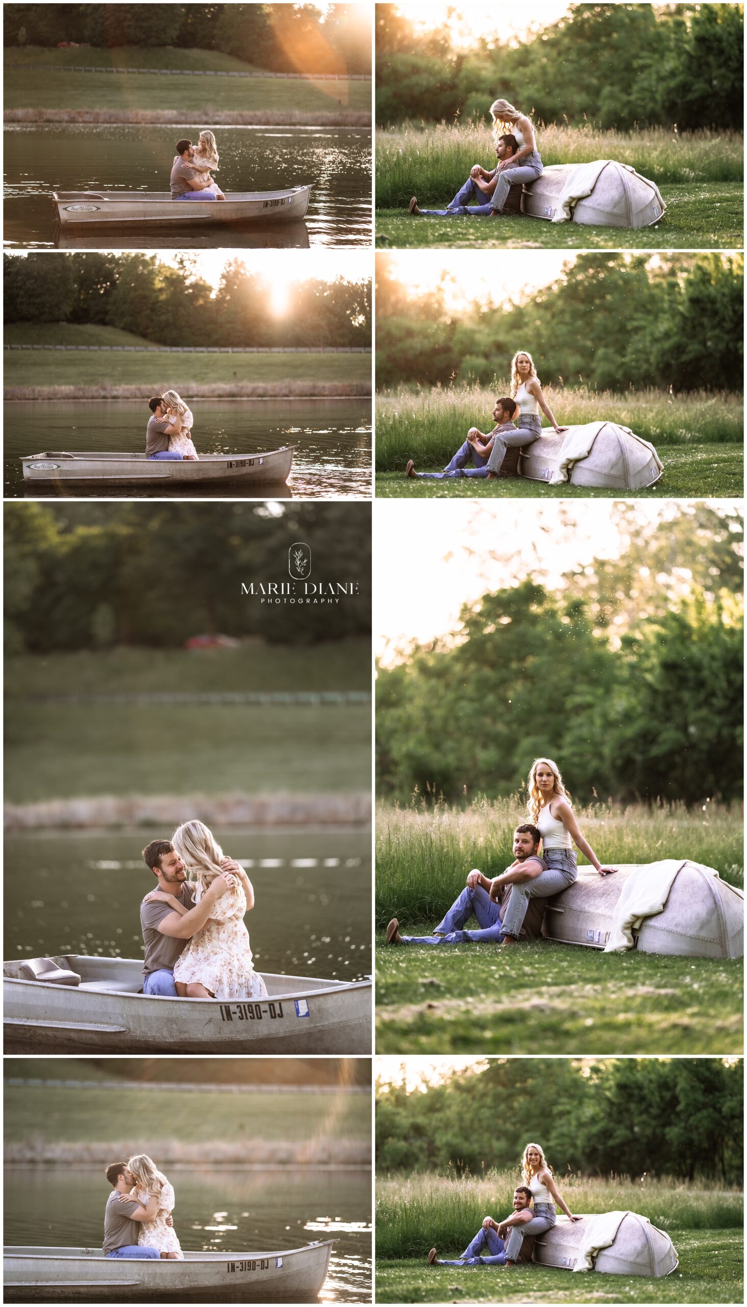 engagement session in small boat on water in images on left. Couple sitting against boat flipped upside down in front of tall grass on right. 